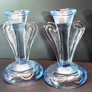 Vintage Pair of Bagley Rutland Blue Glass Candlesticks